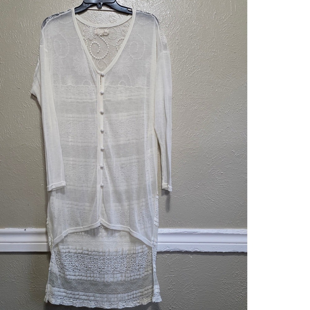 A'reve Ivory White Sheer Lace Longline Cardigan Ruffle Hem V-Neck Small